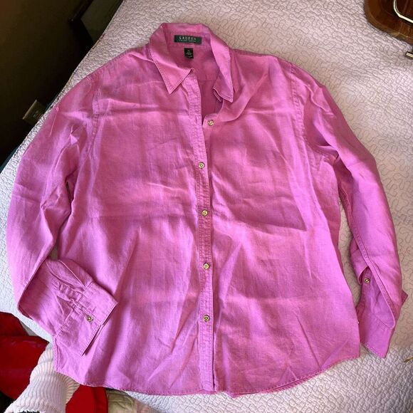 Lauren Ralph Lauren Pink Linen Button-Down Shirt XL Valentine - Picture 3 of 7